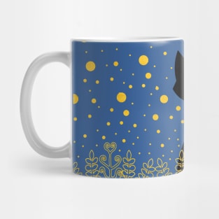 Black cat on a golden field Mug